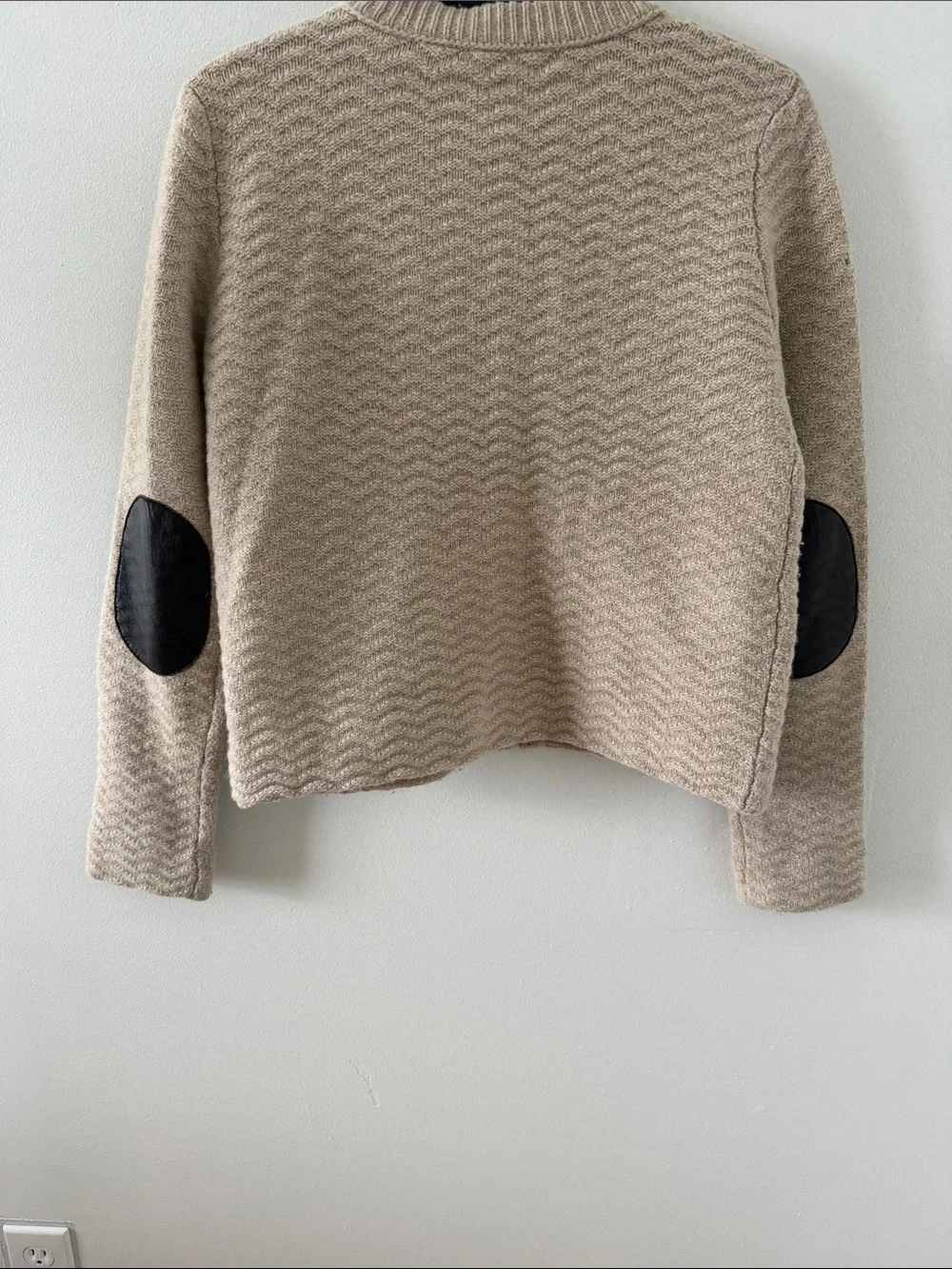 Textured Zip-Front Knit Jacket in Light Taupe. Size Small.